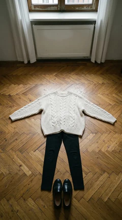 Длинный свитер, чёрные леггинсы и лоферы